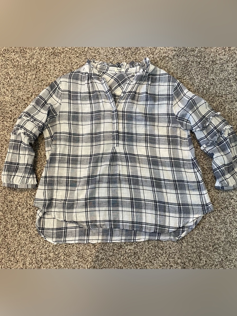 dylan White & Navy Plaid Ruffle Collar Top